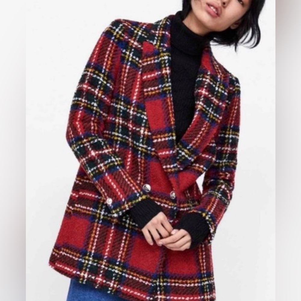 Zara Red Plaid Double-Breasted Blazer
